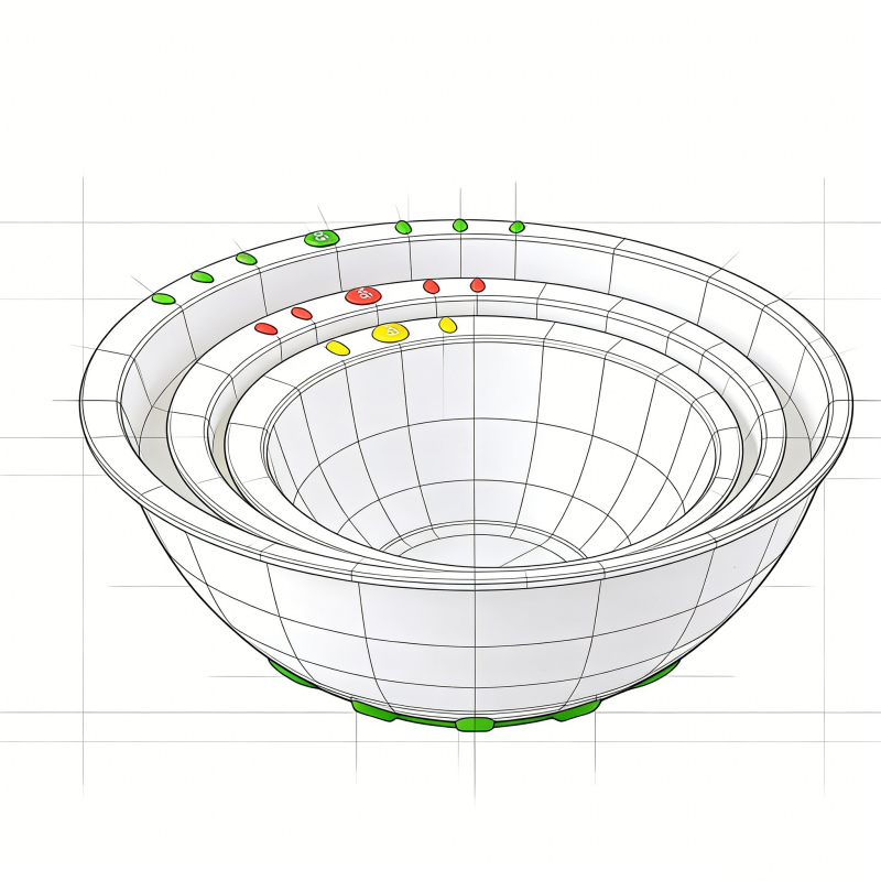 scale technical drawing of a nesting plastic bowl set with colorful non-slip accents,  ideal for kitchenware manufacturing and wholesale